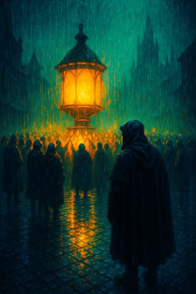 The storm kept its promise: to fall on all of us all the same. I saw them gather around the light admist the deluge. 

I stayed at the edge, letting their warmth find me without asking why. For the first time, the Light didn’t demand...it shared.

#PulpFable #digitalart #art