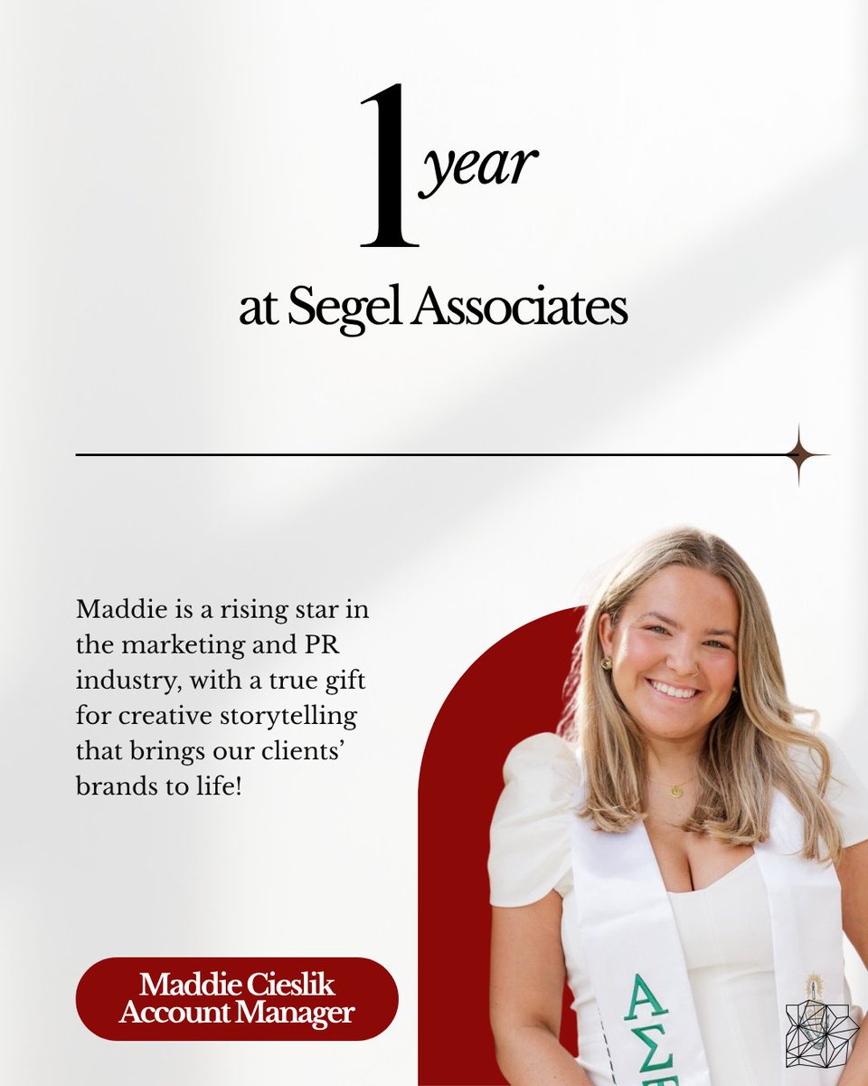 SegelAssoc's tweet image. Happy 1-Year Work Anniversary to our incredible Account Manager, Maddie Cieslik! Your positive light and creative energy brighten our days, and it’s been a joy watching you grow into the amazing professional you are. Thank you for letting us be part of your journey!