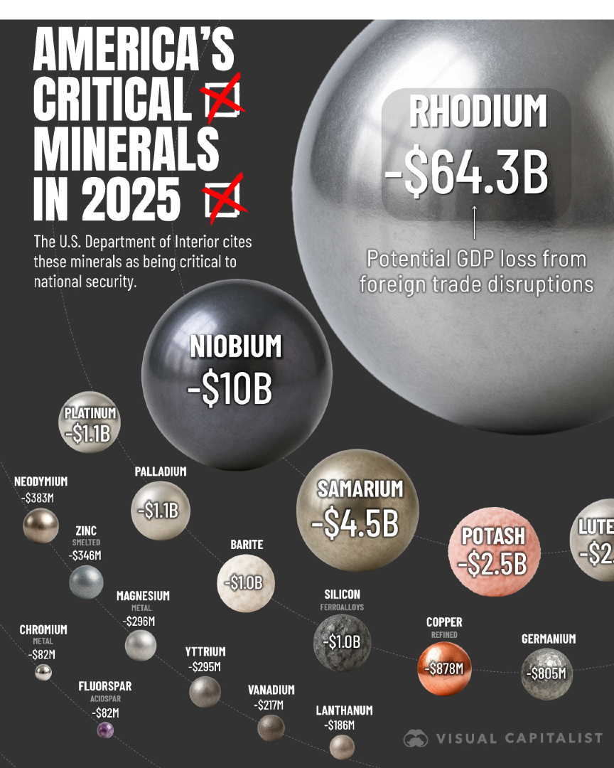 VisualCap's tweet image. All U.S. Critical Minerals in 2025, Ranked by Supply Disruption Risk ⛏️

From @VCElements—bridging the gap between global trends shaping our future, and the raw materials powering them ⚡️

elements.visualcapitalist.com/all-u-s-critic…
