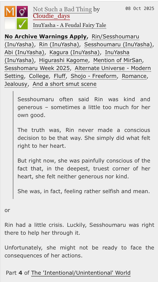 For the ‘Modern Era’ prompt of #SesshomaruWeek25 👑, I’m revisiting one of my most loved AUs - the shojo/college AU where they’re all young and silly 🤪😆

archiveofourown.org/works/72119991

I hope you enjoy this story! 💖

 #Sesshomaru #SessRin #殺生丸 #殺りん #杀铃 #셋링