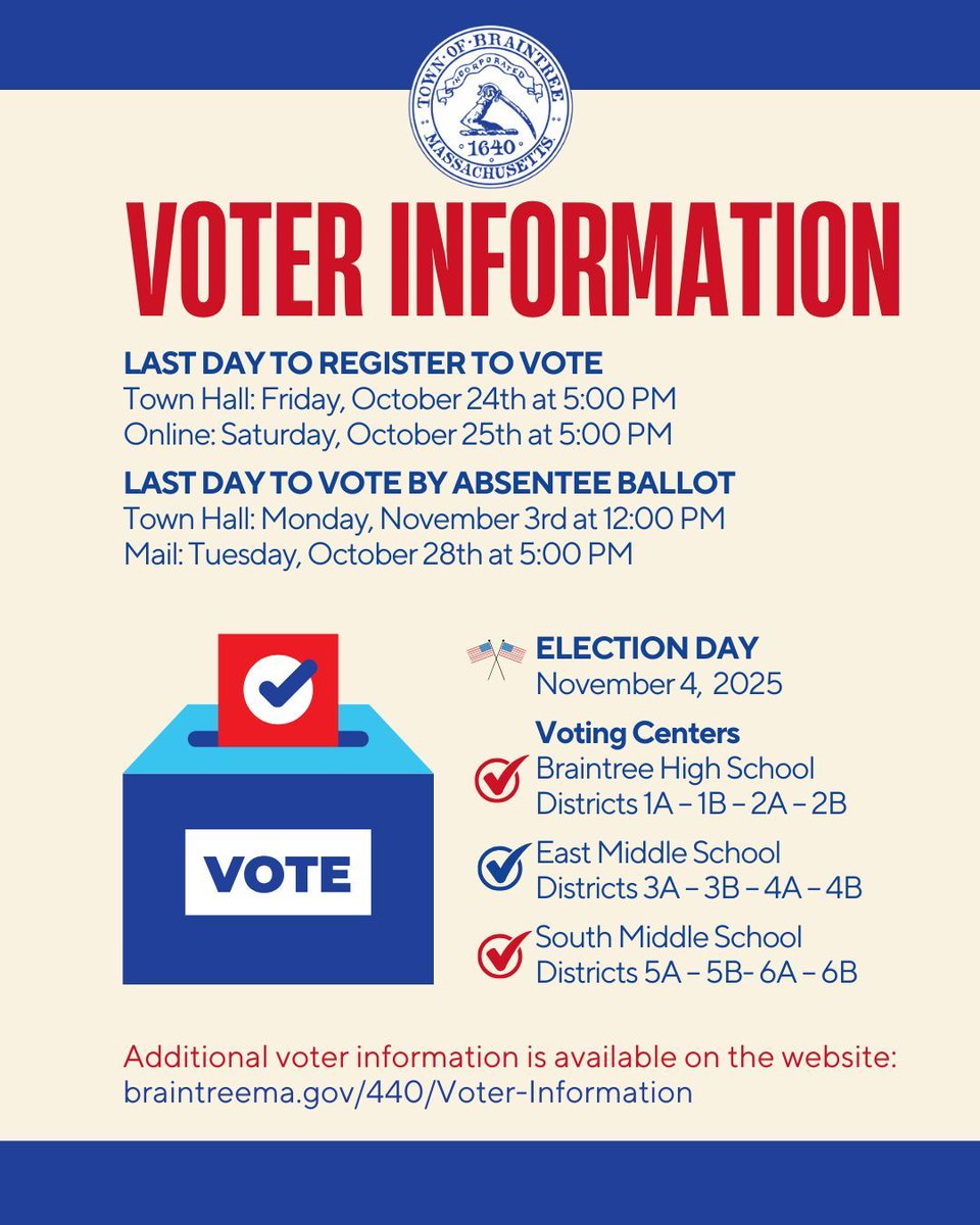 🗳️ **Election Day is Right Around the Corner!**

Make sure you're registered to vote and have all the important information you need before heading to the polls.

For details on registration, polling locations, and deadlines, visit: braintreema.gov/440/Voter-Info…