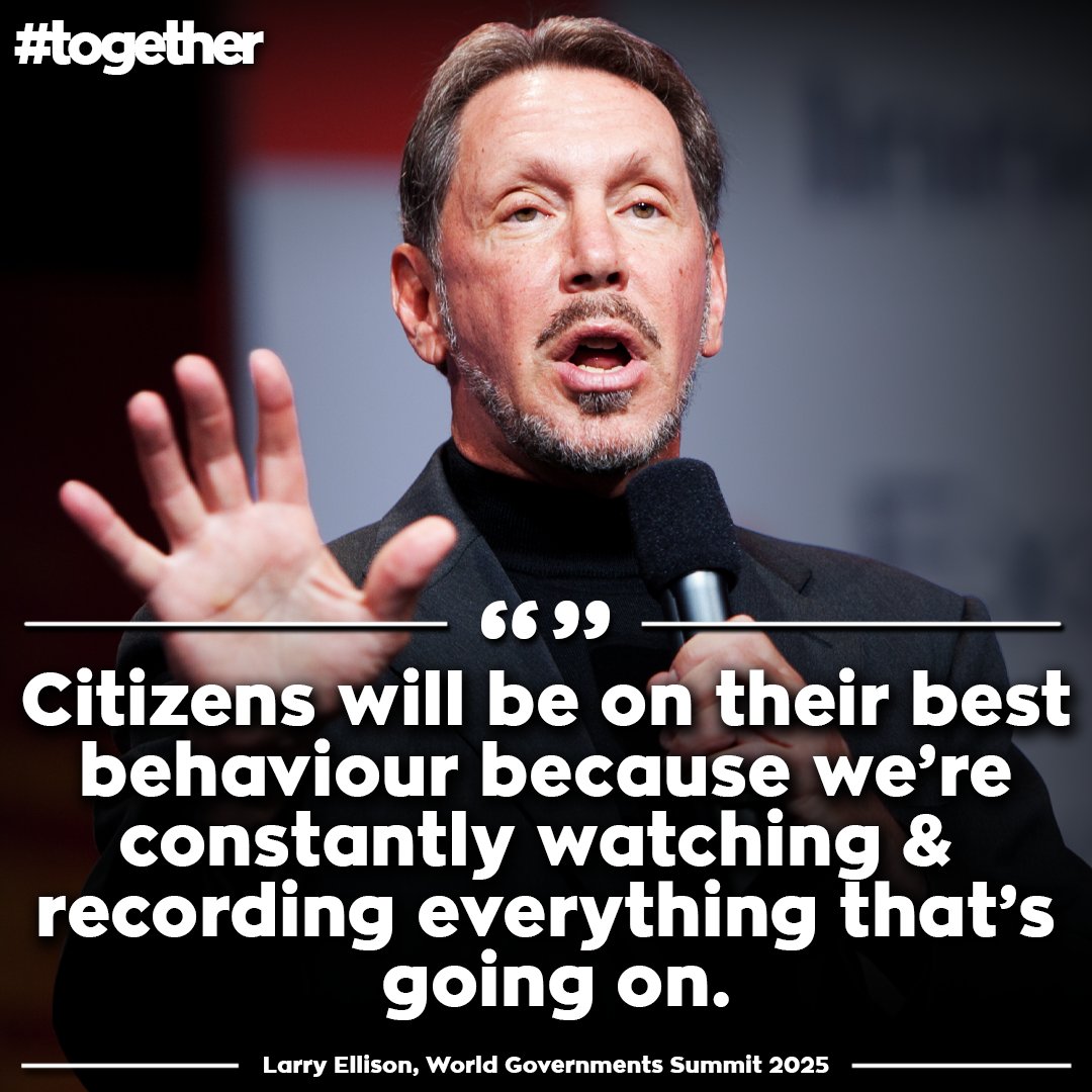Togetherdec's tweet image. DIGITAL ID: &quot;Citizens will be on their best behaviour because (we&apos;ll be) constantly watching &amp;amp; recording everything that’s going on&quot; - Larry Ellison

This from the top funder of the Tony Blair Institute, relentless in pushing state-controlled Digital ID

Let&apos;s make our future a…