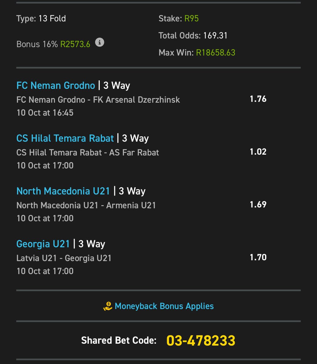 Booking code: 03-478233

Odds : 169plus 

Betslip link: easybet.co.za/sports?bookedB…

Not yet on easybet? You Missing out big! 

Join easybet here: http://
ebpartners.click/o/65n4N2?lpage…

Get R50 sign up bonus + 25 Bonus Spins, 150% first deposit match  15% weekly cashbacks

When you use