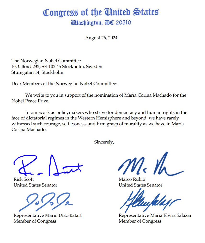Knut_Yrvin's tweet photo. @bungarsargon The 2025 Nobel Peace Prize nominations closed Jan 31. Trump’s Israel–Hamas peace efforts could be relevant in 2026. On Aug 26, 2024, Marco Rubio — then a U.S. Senator, now Foreign Minister — nominated María Corina Machado. 
https://t.co/m8pRJzWvAt https://t.co/I1vZZIdv1Y