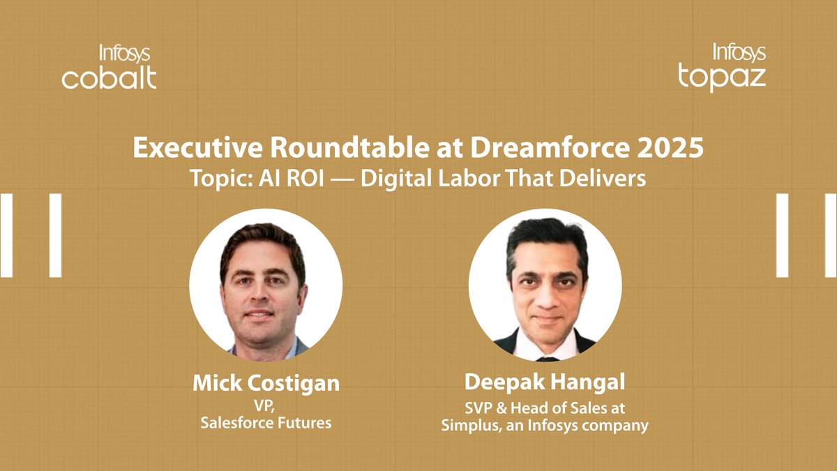 InfosysEvents's tweet image. Co-hosted by Deepak Hangal (Simplus, an Infosys company) & Mick Costigan (Salesforce Futures), the session explores how autonomous AI agents are delivering real value—cutting costs, boosting productivity & unlocking new revenue. infy.com/4gZsQws