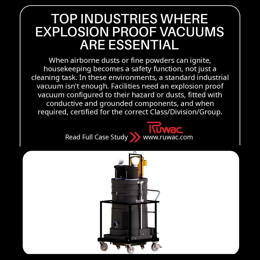 In industries where dust equals danger, cleaning is a safety priority. Airborne dusts and fine powders can ignite, making explosion-proof vacuums essential, not optional. Read the full case study to learn more: ruwac.com/industrial-vac… #RuwacUSA
