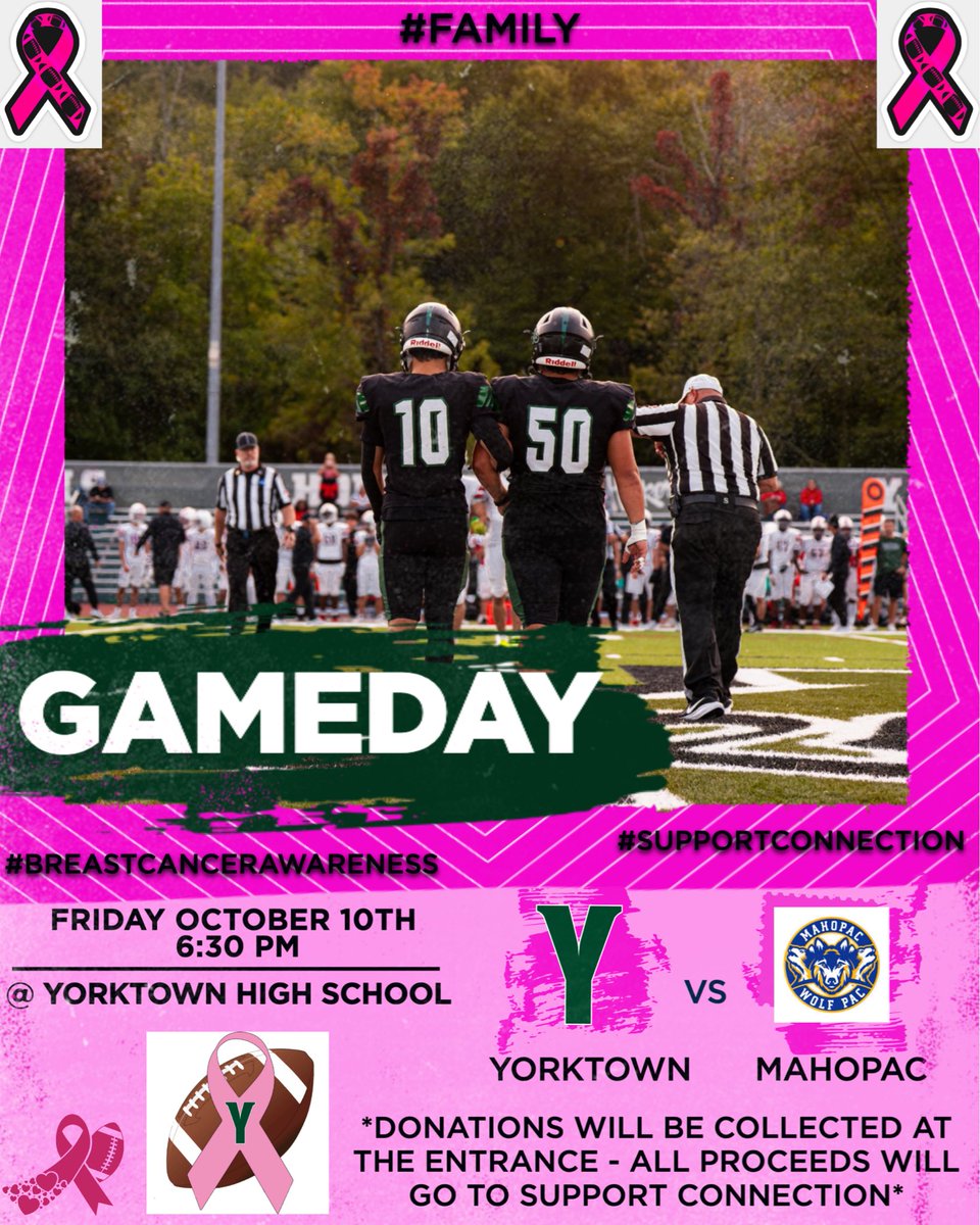 YtownHuskers's tweet photo. GAMEDAY! Yorktown hosts Mahopac for a league matchup. 6:30 PM kickoff. Tonight, we will welcome our YAC Youth Football Program as we raise money for Breast Cancer awareness for Support Connection. #YACNight #PinkNight #YorktownFootball #Family https://t.co/v7LVEtvP9y