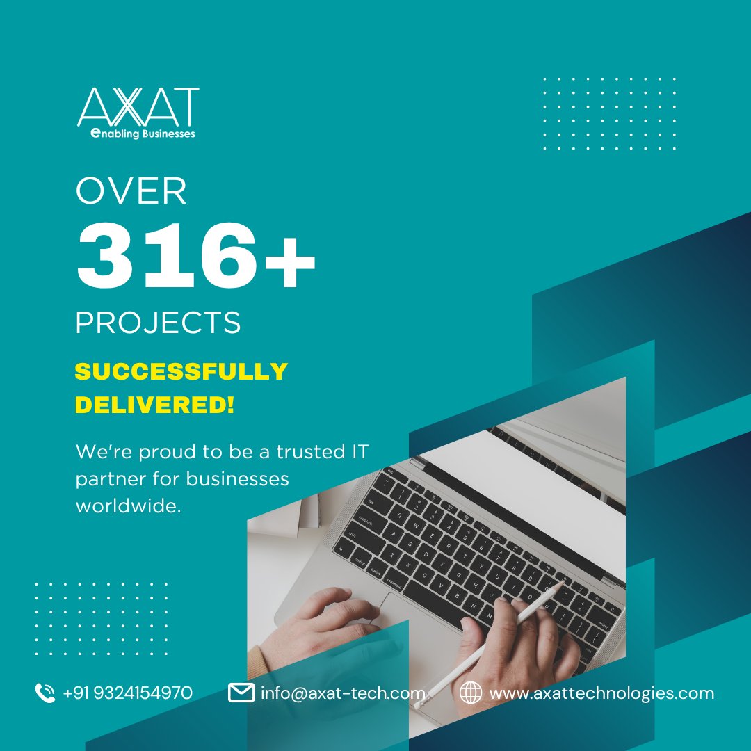 axattech's tweet image. Over 316+ projects successfully delivered! We&apos;re proud to be a trusted IT partner for businesses worldwide.
#ITPartners #ProjectSuccess #ClientSatisfaction #TrustedPartner
axattechnologies.com/portfolio