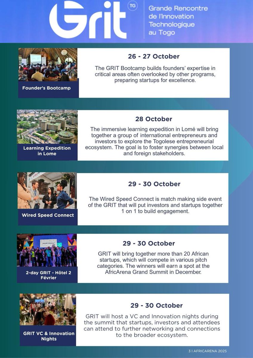 Hello la communauté Startup #229 

La dernière semaine d'octobre #Lomé va accueillir une dizaine de VC pour le GRIT
Si vous souhaitez les rencontrer n'hésitez pas à me contacter en DM. Ou vous inscrire ici africarena.com/challenges/gri…
<a href="/ZPargn/">ZéPargn</a> <a href="/MonecoHQ/">Moneco</a> <a href="/EtriLabsCotonou/">EtriLabs Cotonou</a> <a href="/enamlaury/">MécaLau</a>