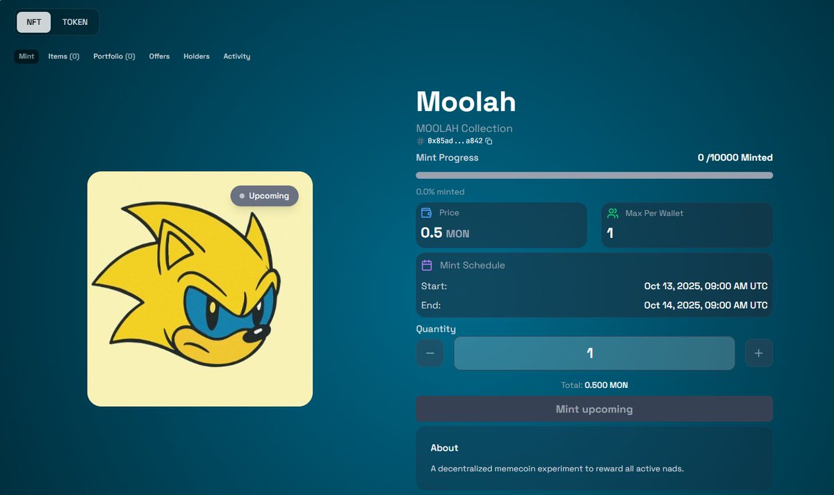 [mint nft + claim tokens]
Another Monad Interaction before Monad Mainnet

The @moolah_nad tokenized NFT is launching their NFT on MoanaLabs

✅️ MINT DETAILS 
• Mint Link: moanalabs.fun/marketplace/0x…
• Mint Start: Oct 13. 9AM UTC
• Token Claim &amp; Launch: Oct 14. 9AM UTC
• Mint