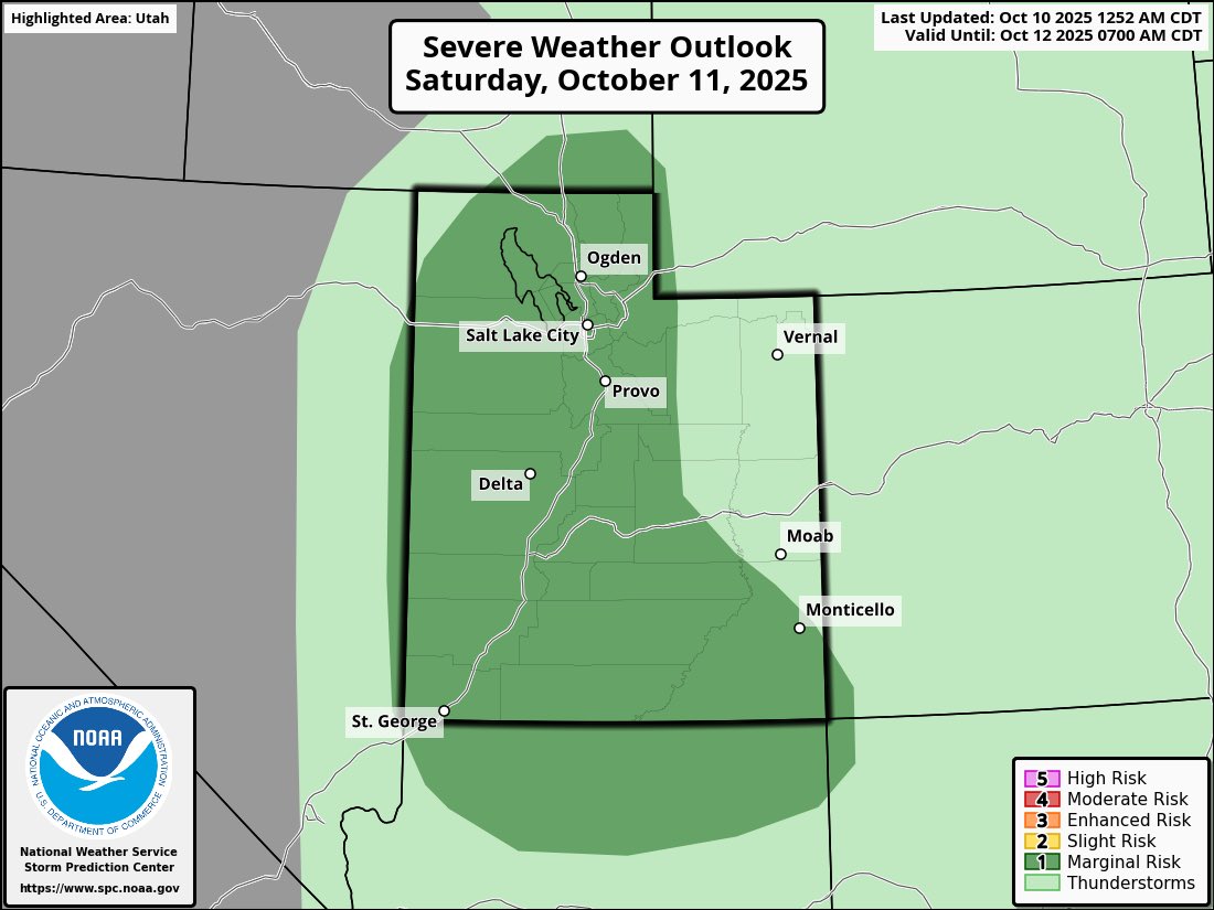 ChaseThomason's tweet image. 🚨 Heads up, Utah!

A Marginal Risk for severe thunderstorms has been issued for parts of the state on Saturday ⚡️

A strong Pacific storm system will move in, bringing the right mix of moisture, instability, and wind shear for isolated strong to severe storms – Saturday…