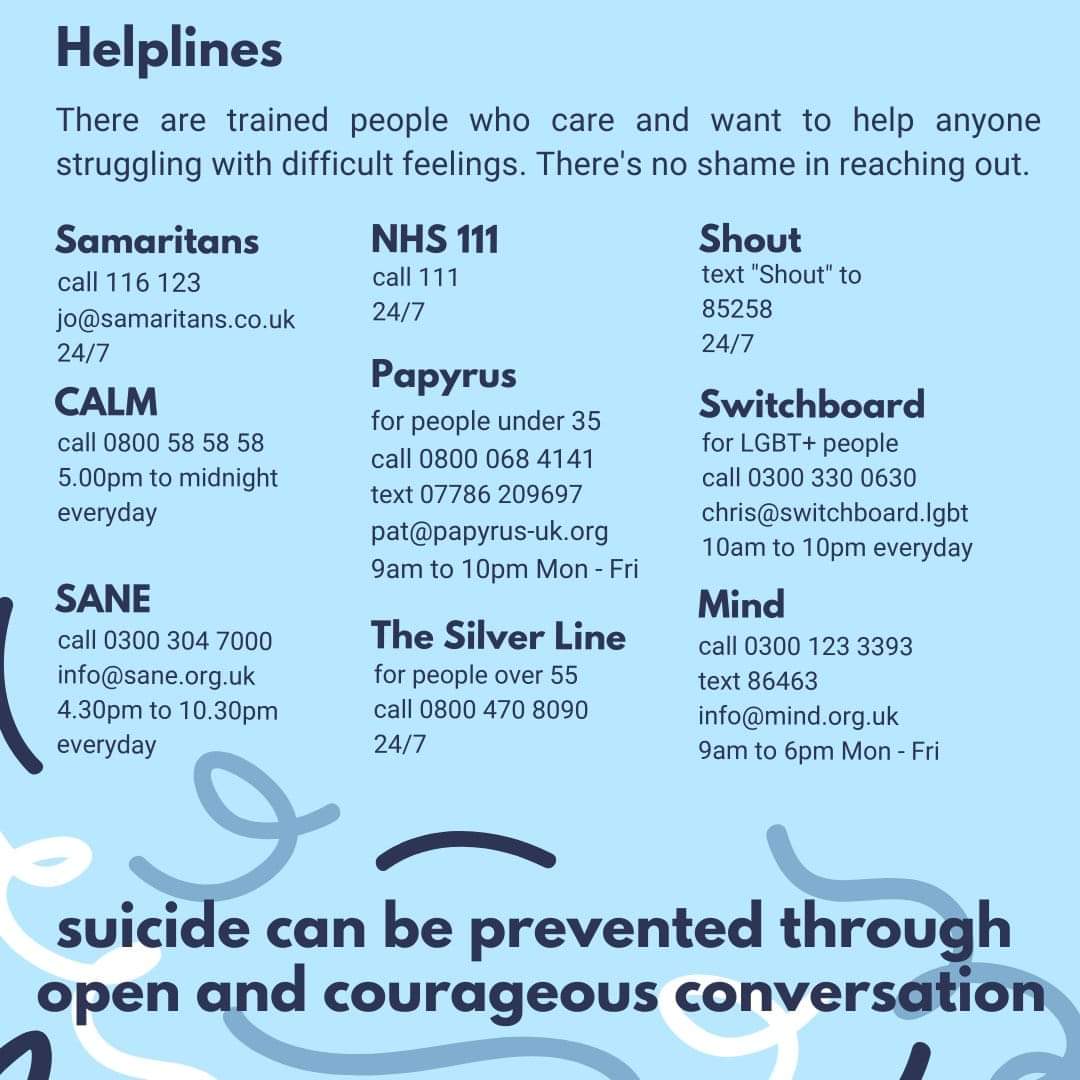 Poppyjuice's tweet image. Any of us may only be a short glitch from ok to really, really, not OK.

It&apos;s World Suicide Prevention Day.

Check in on each other, share resources just in case someone&apos;s quietly having the worst day. 🫂