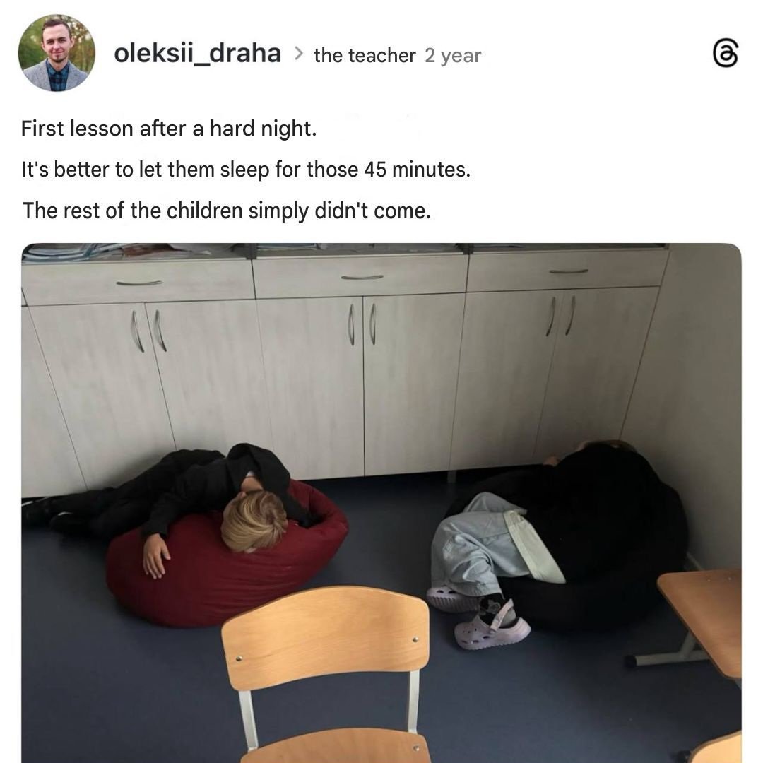 BohuslavskaKate's tweet image. Ukrainian teacher lets kids sleep through morning lessons after the night of Russian terror.