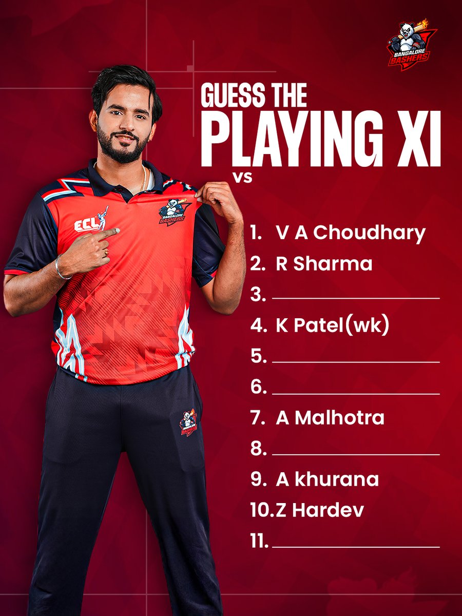 blrbashersECL's tweet image. 🔥 Guess the Playing XI! 🔥
This was the line-up that took Bangalore Bashers to the Final after a thrilling win over the Lucknow Lions last season! 🏆🐼
Can you remember all the names that made history that day? 👀
Drop your guesses below!⬇️
#BangaloreBashers #ECLT10 #PandaGang