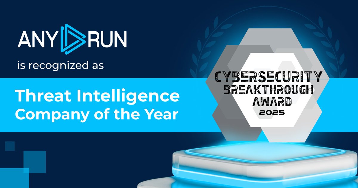anyrun_app's tweet image. 🎉 #ANYRUN is honored to be named Threat Intelligence Company of the Year at the 2025 CyberSecurity Breakthrough Awards!

Grateful to the expert committee for acknowledging the impact our products have on businesses worldwide 🚀
Thank you all for the support!