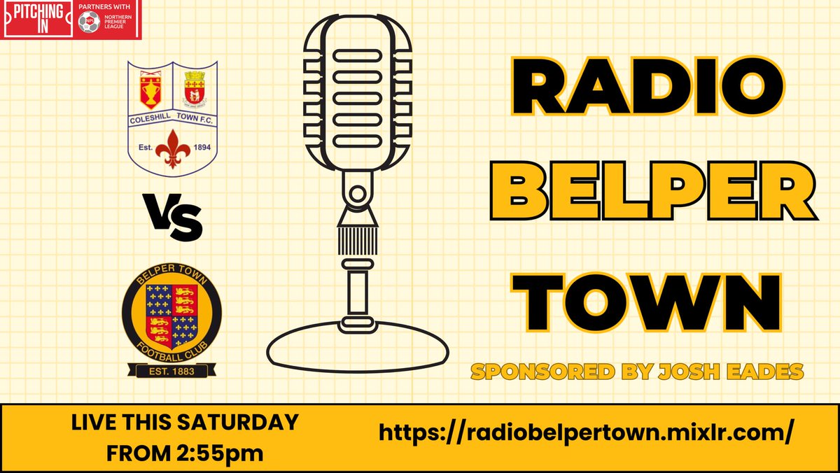 Tomorrow live commentary is back!
<a href="/coleshilltownfc/">Coleshill Town FC</a>  vs <a href="/BelperTownFC/">𝗕𝗲𝗹𝗽𝗲𝗿 𝗧𝗼𝘄𝗻 | 𝟣𝟪𝟪𝟥</a> in the Pitching In Northern Premier League Midlands.
Tune in from 14:55 for all of the action live from Pack Meadow from <a href="/chrisnelson147/">Chris Nelson</a>