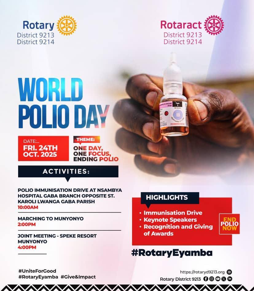 24th October, we commemorate World Polio Day. Rotary International has led the campaign to END polio in the world. For every polio Vaccine a child gets, Rotary has a hand in it. Together we can end Polio.

#RotaryEyamba