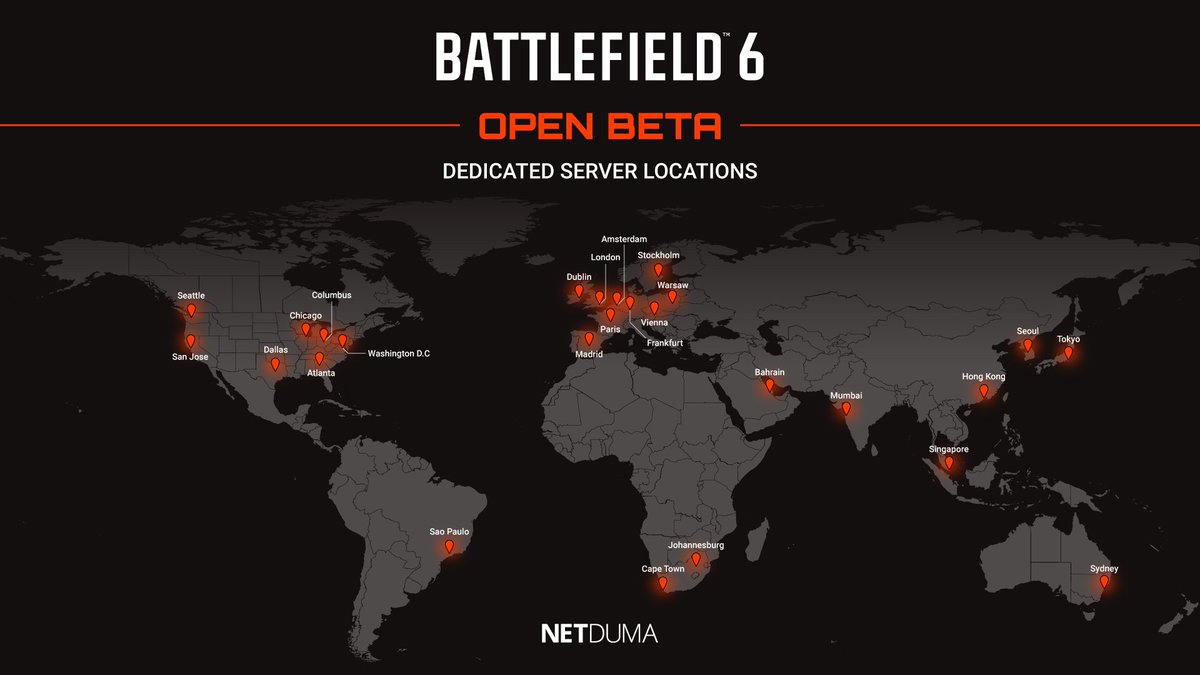 NETDUMA's tweet image. Here's the Battlefield 6 server locations we found during our testing of the beta
We'll be testing the game again over the weekend, and will post any server updates we find next week
Hope you all have a great launch weekend🫡