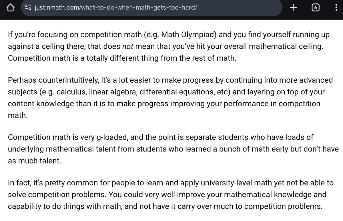 justinskycak's tweet image. It’s a lot easier to make progress by continuing into more advanced subjects (e.g. calculus, linear algebra, differential equations, etc.) and layering on top of your content knowledge than it is to make progress improving your performance in competition math.