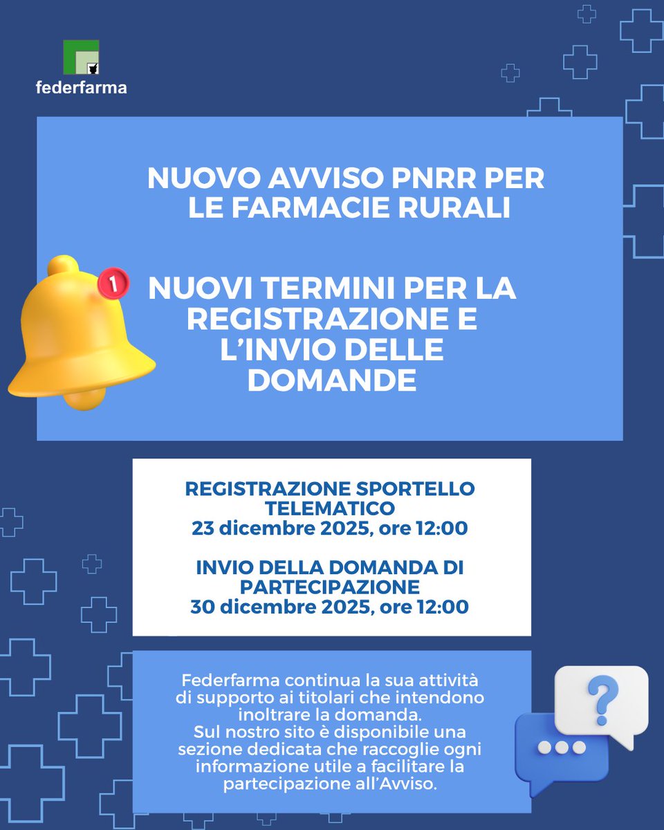 📅 Prorogati i termini dell’#AvvisoPNRR2025 per le #FarmacieRurali
Un’occasione per rafforzare la sanità di prossimità e il ruolo delle farmacie nei piccoli centri.
Informazioni sul sito della struttura #PNRR
#FarmaciaDeiServizi 

strutturapnrr.gov.it/it/bandi-e-avv…