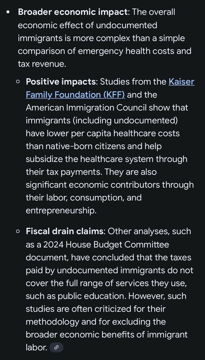The question was, “What is the cost of emergency healthcare for undocumented immigrants compared to the federal revenues generated by undocumented workers?”

Ai answer:
