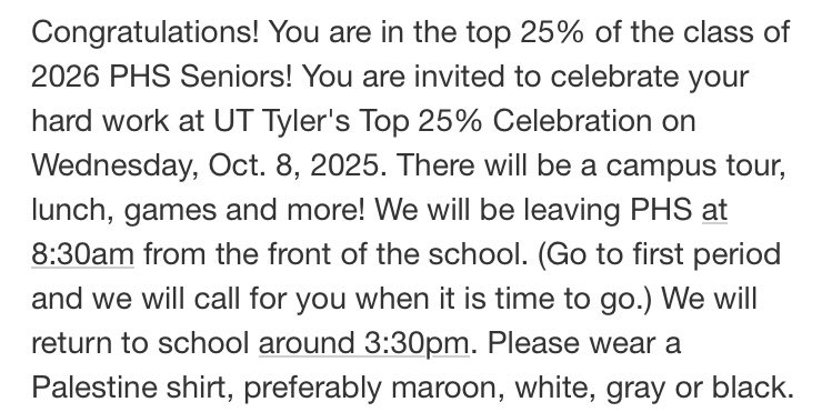 Braylon Beckworth (@juicebeckworth) on Twitter photo Had a good time at the PHS Top 25% celebration at <a href="/UTTyler/">UT Tyler</a> . A few spots from making the top 10% of my class. Student always comes before athlete.
<a href="/Palestine_FB/">Palestine Football</a> <a href="/palestine_isd/">Palestine Independent School District</a> <a href="/CoachJamesReyes/">Coach James Reyes</a> <a href="/RecruitsCenTex/">Coach Jimmy Andrews</a> <a href="/EmpowerRecruits/">Empower Student Athletes</a> <a href="/ChosenByChasity/">Ms. Rogers 💋</a> <a href="/SacrificeINC/">Sacrifice Training</a> <a href="/BrysonTuckerD/">Bryson Tucker</a> Had a good time at the PHS Top 25% celebration at <a href="/UTTyler/">UT Tyler</a> . A few spots from making the top 10% of my class. Student always comes before athlete.
<a href="/Palestine_FB/">Palestine Football</a> <a href="/palestine_isd/">Palestine Independent School District</a> <a href="/CoachJamesReyes/">Coach James Reyes</a> <a href="/RecruitsCenTex/">Coach Jimmy Andrews</a> <a href="/EmpowerRecruits/">Empower Student Athletes</a> <a href="/ChosenByChasity/">Ms. Rogers 💋</a> <a href="/SacrificeINC/">Sacrifice Training</a> <a href="/BrysonTuckerD/">Bryson Tucker</a>