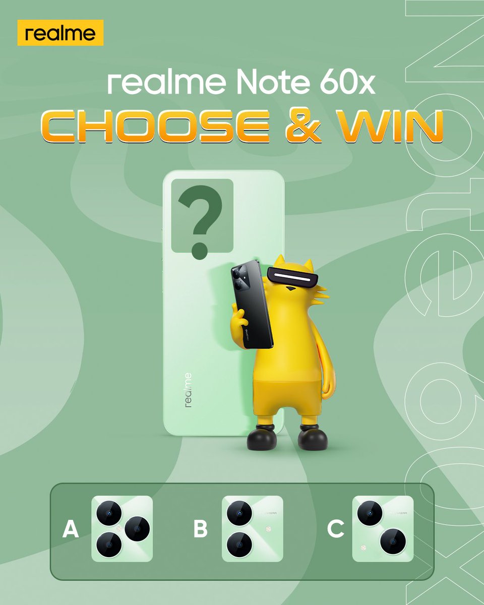Let’s play a little game 👀
Which camera setup do you think belongs to the new realme Note 60x?
A, B or C? 🤔

Drop your guess in the comments and you could be one of four lucky winners to win  5k airtime across our social media channels. 

#realmeNote60x
