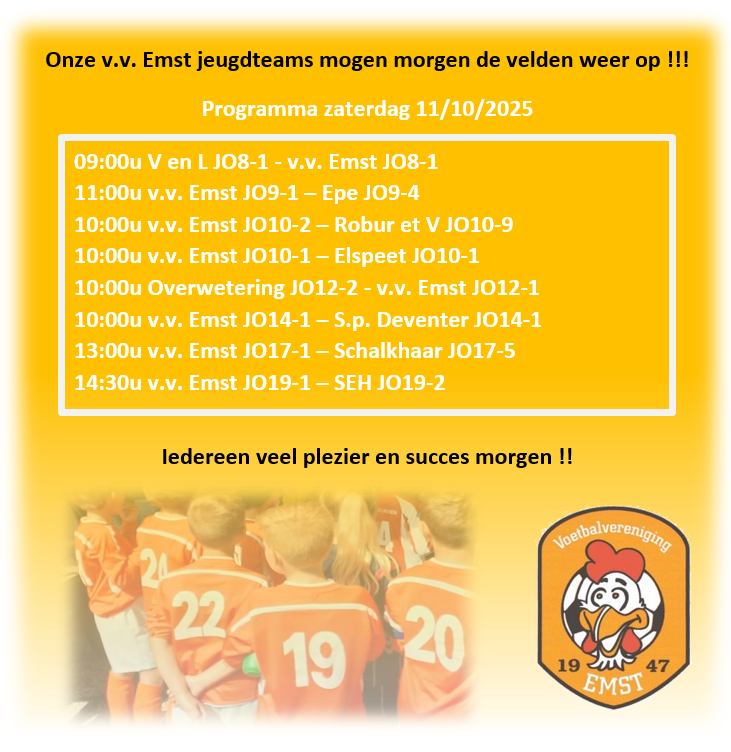 Morgen, zaterdag 11/10/2025, gaan onze v.v. Emst jeugdteams weer het veld op. Zie: vvemst.nl/1/6215/morgen-…