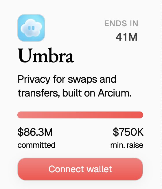 Screenshot of Umbra's fundraising page on MetaDAO showing $86.3M committed