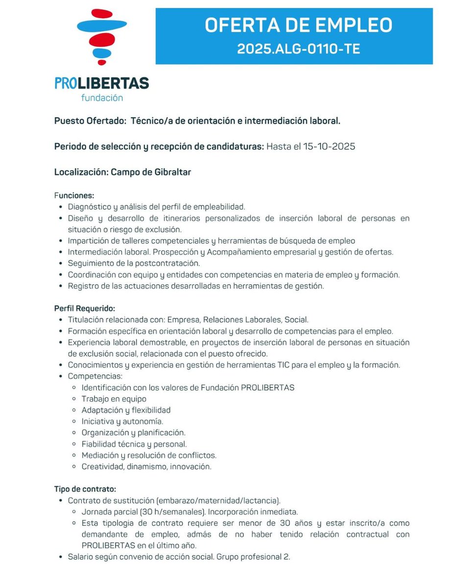 Oferta de empleo en #Algeciras 🌟

🔹 Ubicación: Algeciras
🔹 Más detalles en prolibertas.org/trabaja-prolib…

Visita el enlace para más info y comparte 📩

#OportunidadLaboral #TrabajoEnEquipo #PROLIBERTAS #Empleo