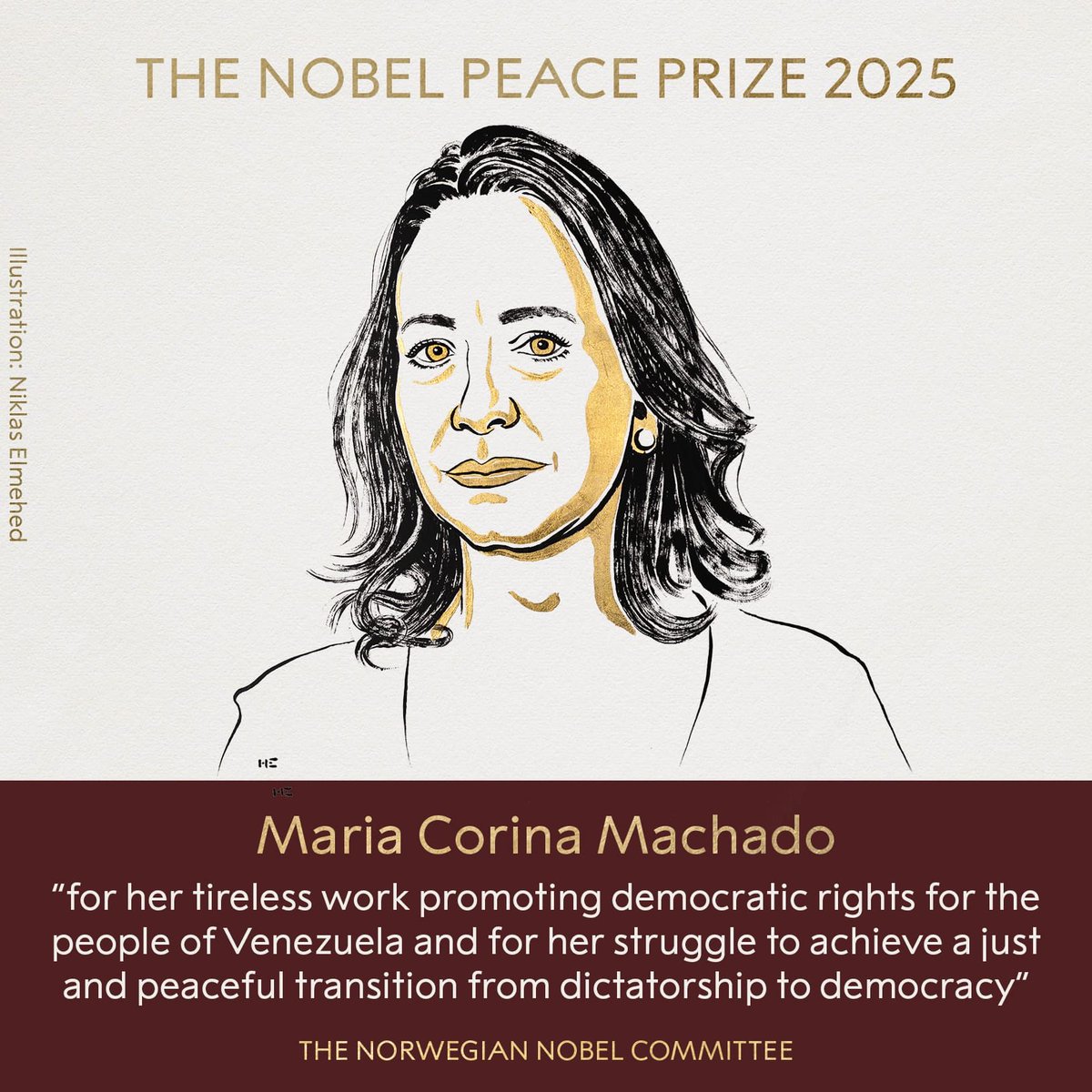 El Nobel de la Paz 2025 reconoce a una mujer valiente, libre y defensora firme de la democracia y de los derechos humanos: María Corina Machado.

Una alegría para todos los demócratas que creemos en la libertad y en la justicia.

#NobelPrize