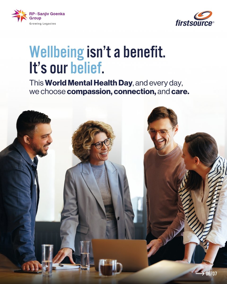 firstsource's tweet image. At Firstsource, we’re building a culture where every #Firstsourcer can show up as their whole selves – supported, balanced, and heard.
This #WorldMentalHealthDay, let’s remember: 𝒔𝒎𝒂𝒍𝒍 𝒄𝒐𝒏𝒗𝒆𝒓𝒔𝒂𝒕𝒊𝒐𝒏𝒔 𝒄𝒂𝒏 𝒎𝒂𝒌𝒆 𝒂 𝒃𝒊𝒈 𝒅𝒊𝒇𝒇𝒆𝒓𝒆𝒏𝒄𝒆. 💬💙