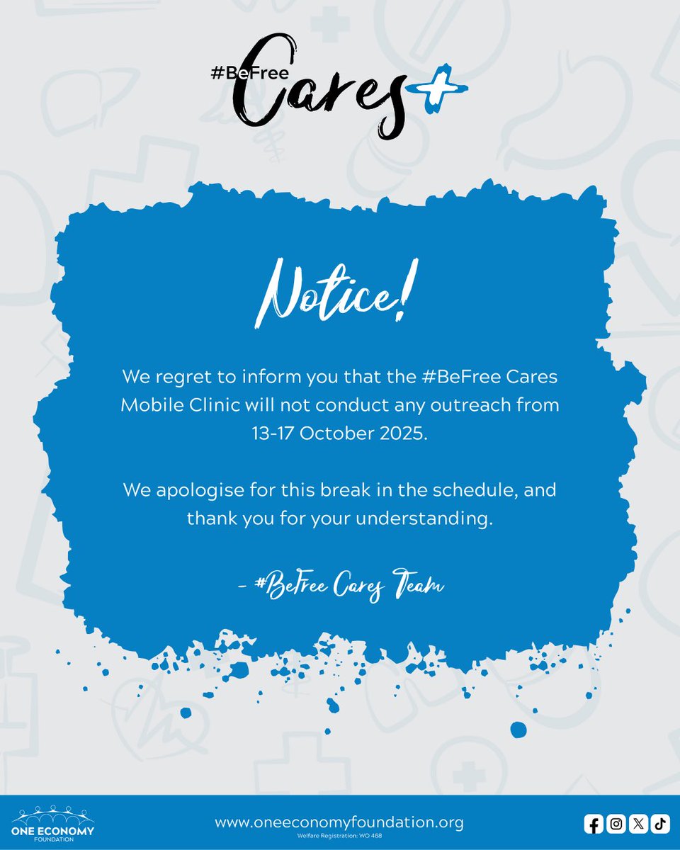 📌 Kindly take note that the #BeFree Cares Mobile Clinic will not conduct any outreach from 13-17 October 2025.

Please keep an eye on our social media pages for the next outreach schedule.

#BeFreeCares💙