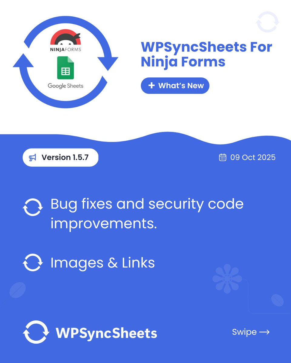 wpsyncsheets's tweet image. WPSyncSheets For Ninja Forms Version - 1.5.7

✅ Bug fixes and security code improvements.
✅ Images &amp;amp; Links

🌍 docs.wpsyncsheets.com/wpssn-change-l…

Read More:wpsyncsheets.com/wpsyncsheets-f…

#wpsyncsheets #googlesheets #wordpress