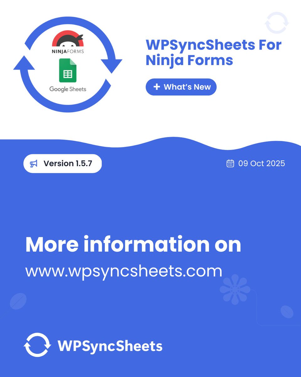 wpsyncsheets's tweet image. WPSyncSheets For Ninja Forms Version - 1.5.7

✅ Bug fixes and security code improvements.
✅ Images &amp;amp; Links

🌍 docs.wpsyncsheets.com/wpssn-change-l…

Read More:wpsyncsheets.com/wpsyncsheets-f…

#wpsyncsheets #googlesheets #wordpress