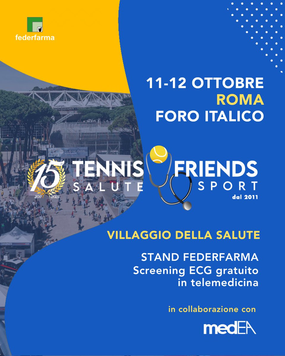 #Federfarma partecipa a “#TennisandFriends – Salute e Sport” al Foro Italico di Roma, l’iniziativa che unisce prevenzione, salute e sport. Sabato 11 e domenica 12 ottobre, sarà possibile effettuare gratuitamente un ECG in #telemedicina, grazie alla collaborazione con #Medea.