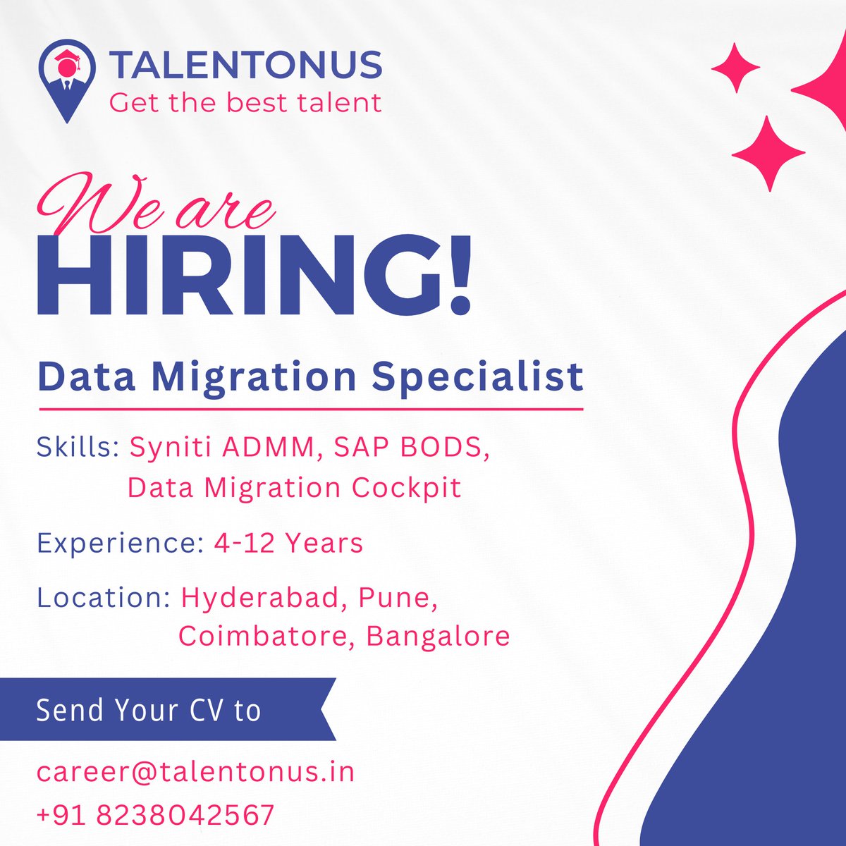 talentonus's tweet image. Migrate with accuracy, impact with speed — Join Our Team!
#DataMigrationSpecialist #DataMigrationEngineer #ETLDeveloper #DatabaseMigration #HyderabadJobs #Hyderabad #PuneJobs #JobsInPune #CoimbatoreJobs #Coimbatore #BengaluruJobs #Bengaluru #WeAreHiring #HiringNow #JobOpening
