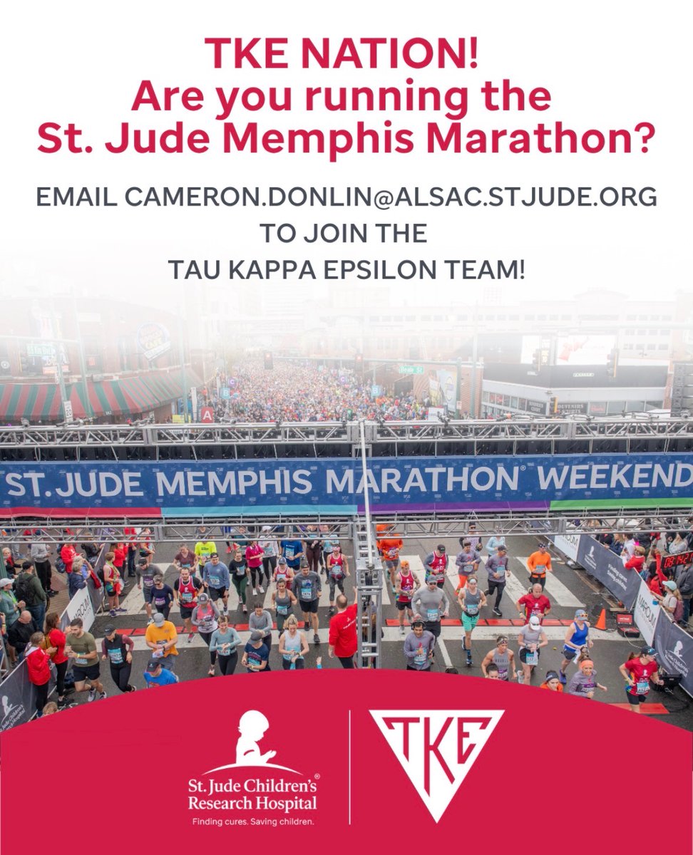 Calling all runners! The @stjude marathon needs YOU! You can help fundraise toward your chapter or alumni association goal and experience one of the best marathon's in the USA. Don't underestimate your abilities and impact! Contact TKE's St Jude rep Cameron and get the details