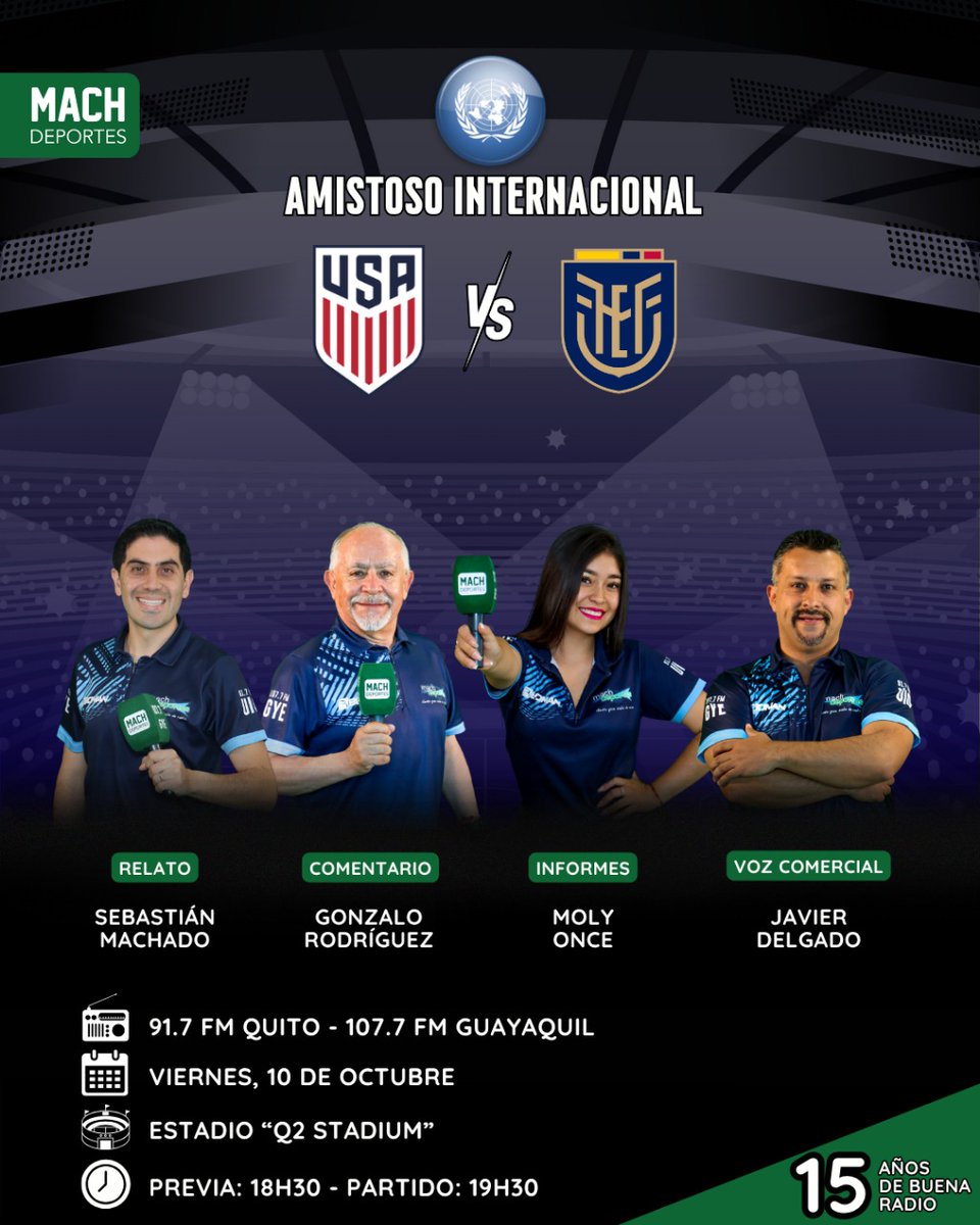 Machdeportes ✨ Gente Que Sabe De Radio (@machdeportesfm) on Twitter photo 🗓️⚽ Hoy juega nuestra TRI 🟡🔵🔴
🌎 #AmistosoInternacional | <a href="/USMNT/">U.S. Soccer Men's National Team</a> 🇺🇸 🆚 🇪🇨 <a href="/LaTri/">La Tri 🇪🇨</a>
🎙️ Relatos: <a href="/Sebas_Machado/">Sebastian Machado</a>
🎤 Comentarios: <a href="/GonzRodriguezM/">Gonzalo Rodríguez</a>
🗒️ Informes: <a href="/EmilyOnce5/">Emily Once</a>
🎙️ Voz comercial: Javier Delgado
Sigue las emociones de este espectacular partido por la
📻 91.7 FM Quito - 🗓️⚽ Hoy juega nuestra TRI 🟡🔵🔴
🌎 #AmistosoInternacional | <a href="/USMNT/">U.S. Soccer Men's National Team</a> 🇺🇸 🆚 🇪🇨 <a href="/LaTri/">La Tri 🇪🇨</a>
🎙️ Relatos: <a href="/Sebas_Machado/">Sebastian Machado</a>
🎤 Comentarios: <a href="/GonzRodriguezM/">Gonzalo Rodríguez</a>
🗒️ Informes: <a href="/EmilyOnce5/">Emily Once</a>
🎙️ Voz comercial: Javier Delgado
Sigue las emociones de este espectacular partido por la
📻 91.7 FM Quito -