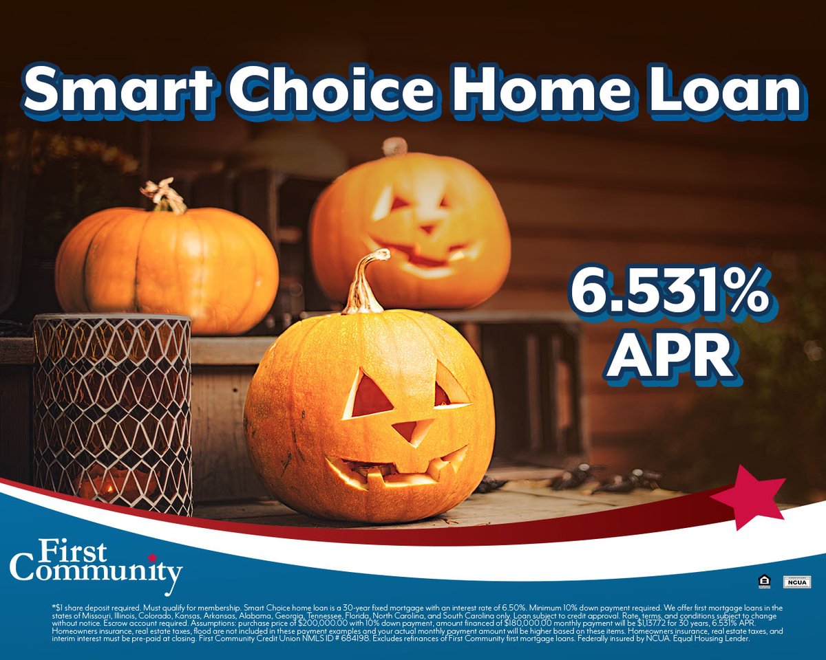 firstcommunity's tweet image. Cozy up in a new home! 🍁 Our Smart Choice Home Loan has a 6.531% APR for a 30-year fixed-rate loan, no PMI, and only 10% down payment required. Get your dream home without a big down payment!

Click the link below to find out more!

qr2.mobi/FCSmart