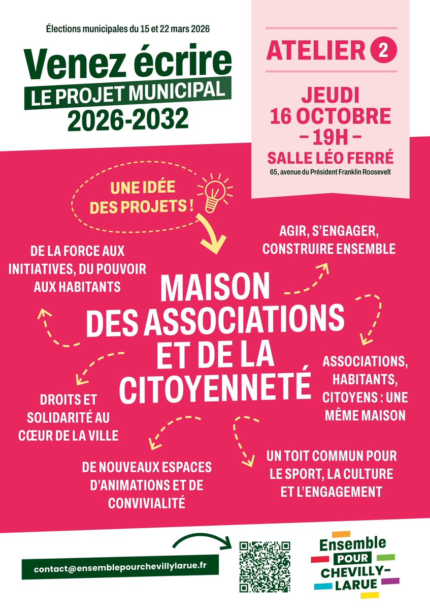 📅 Jeudi 16 octobre – 19h
📍 Salle Léo Ferré
Atelier #2 du projet municipal 2026-2032
Et si nous imaginions ensemble la future Maison des associations et de la citoyenneté ?
Un lieu qui pourrait rassembler, soutenir, faire vivre les initiatives locales
#ChevillyLarue