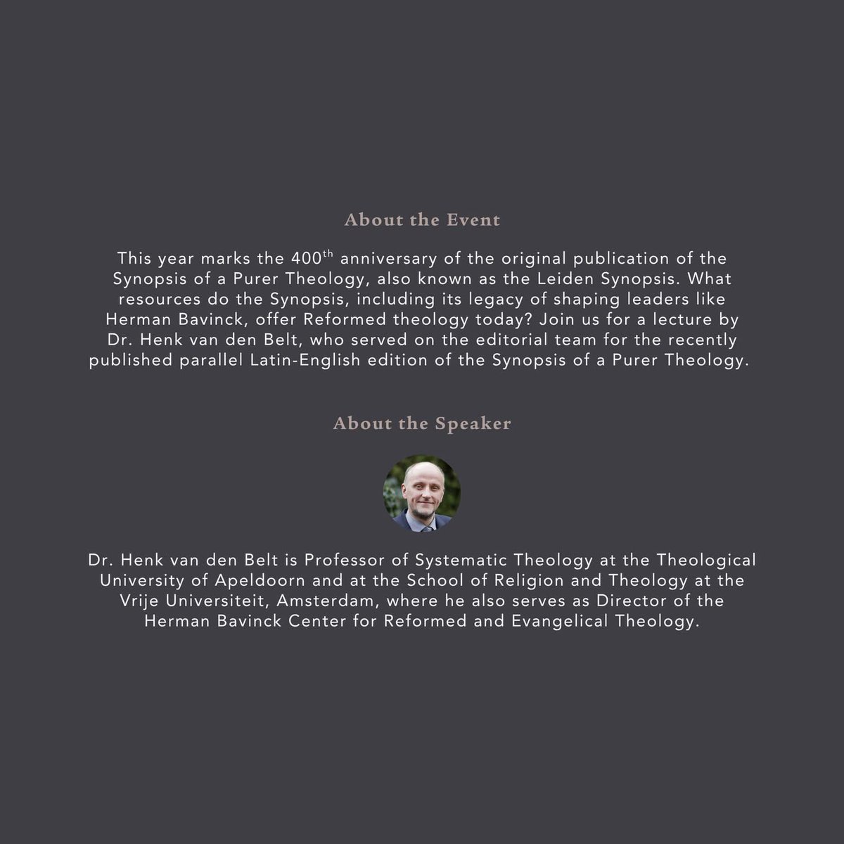 GraySutanto's tweet image. We look forward to welcome Henk van den Belt to lecture on the Leiden Synopsis, as this year marks its 400th year anniversary, on our campus later this month. @RTSWashington @ReformTheoSem