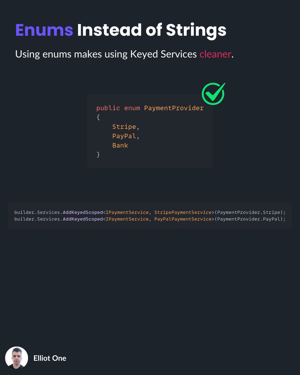 elliot1one's tweet image. Tired of juggling multiple implementations?

Keyed Services fixes that for you.

- Clean DI
- No factories
- No service locators

Perfect for multi-tenant or provider-based apps. 

♻️Share and help your network.

#dotnet #cleancode #microservices