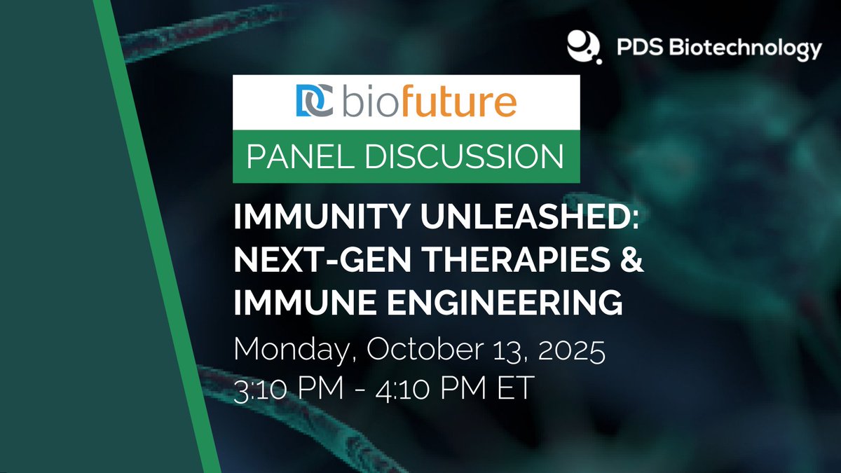 PDS Biotech CEO Frank Bedu-Addo will join fellow industry leaders at #BioFuture2025 for a panel discussion, “Immunity Unleashed: Next-Gen Therapies &amp; Immune Engineering,” focused on next-generation immunotherapies and the future of healthcare. For details: bit.ly/3zekWIg