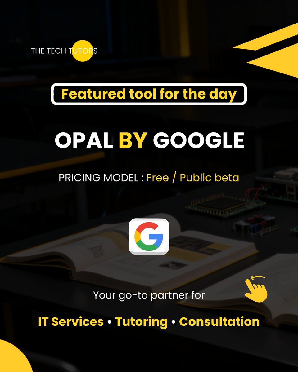 The_Tech_Tutors's tweet image. Build AI mini-apps with no code - just plain English & visuals!
Explore Google Labs’ Opal and experience effortless app creation.
We offer IT Services, Tutoring & AI Consultations
Talk to us today - and follow for more AI tools & updates!
#NoCodeAI #AIMiniApps #GoogleLabs