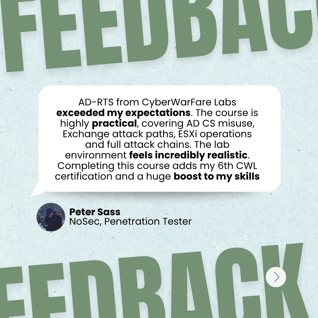 cyberwarfarelab's tweet photo. 🔥 Launch Offer Live! Learn the art of Active Directory Red Teaming with AD-RTS at just $9.99. use coupon Code "ADRED9".
👉🏻 Get started now: https://t.co/qRF0FE6xJ3
#CyberSecurity #RedTeam #ADRTS #CWL #CyberWarFareLabs #InfoSec #ActiveDirectory #CyberTraining #NewCourse https://t.co/G1IXhvkwLU