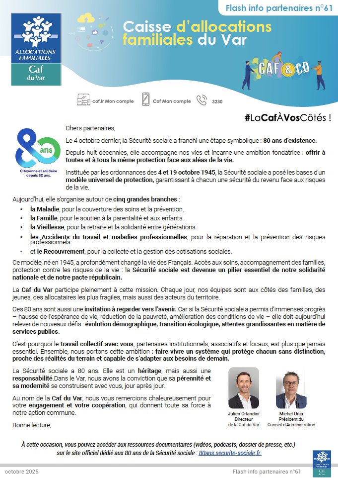 📃[INFO PARTENAIRE] Le Flash Info d'octobre est sorti ! Au programme, les 80 ans de la Sécurité sociale et les infos essentielles à destination des allocataires, des familles, des partenaires et la "pépite" RSO👉urlr.me/X9ZRT3