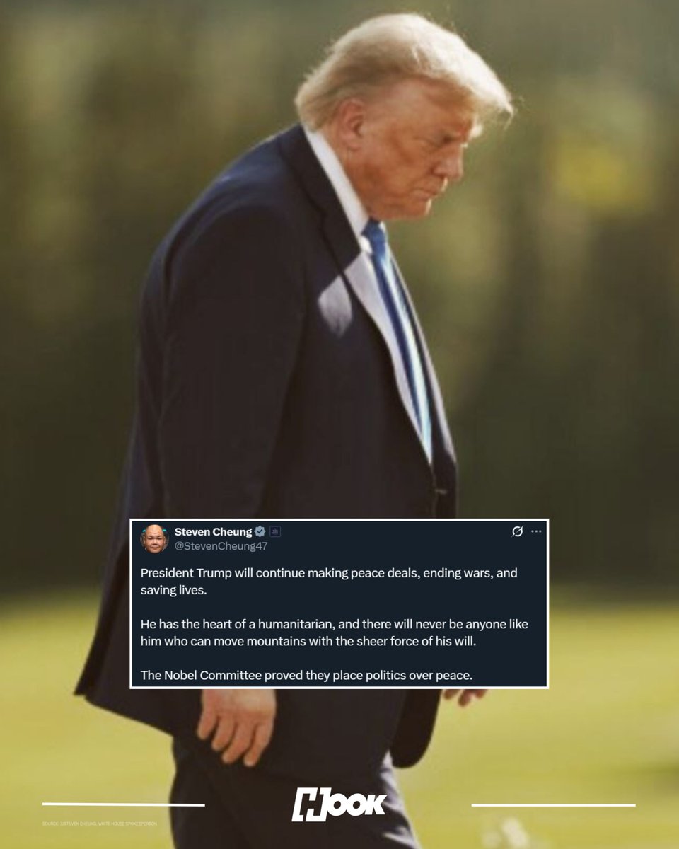 hookonline_'s tweet image. The White House on Friday (October 10, 2025) criticised the Nobel Prize committee&apos;s decision to award the peace prize to Venezuelan opposition leader Maria Corina Machado instead of U.S. President Donald Trump.

&quot;President Trump will continue making peace deals, ending wars, and…