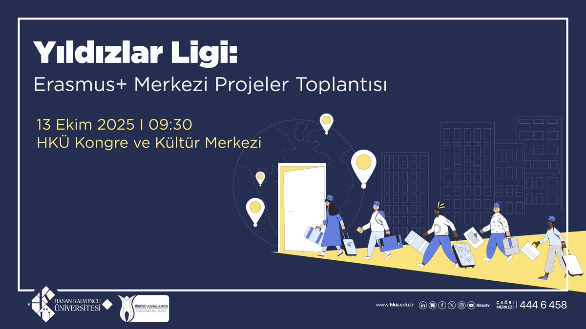 🎯Hasan Kalyoncu Üniversitesi ve Türkiye Ulusal Ajansı iş birliğiyle düzenlenen, "Yıldızlar Ligi: Erasmus+ Merkezi Projeler Toplantısı";

📅 13 Ekim Pazartesi günü
🕤 09.30'da
📍 HKÜ Kongre ve Kültür Merkezi'nde

#hkunv #HKÜ #HasanKalyoncuÜniversitesi #ErasmusPlus