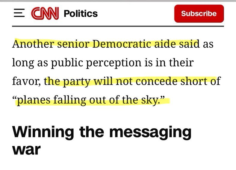 Screenshot of CNN Politics article page with subscribe button, headline Another senior Democratic aide said as long as public perception is in their favor the party will not concede short of planes falling out of the sky highlighted in yellow, and subtext Winning the messaging war.